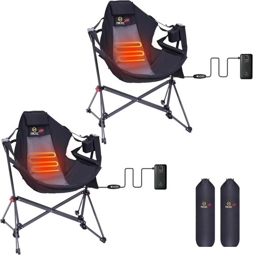 Nice C Heated Hammock Camping Chair, Swing Chair, Folding Rocking Chair, Camping Chair, High Back with Stand, Cup Holder, Side Pocket, Heavy Duty 10000mAh Power Bank Included (Set of 2)