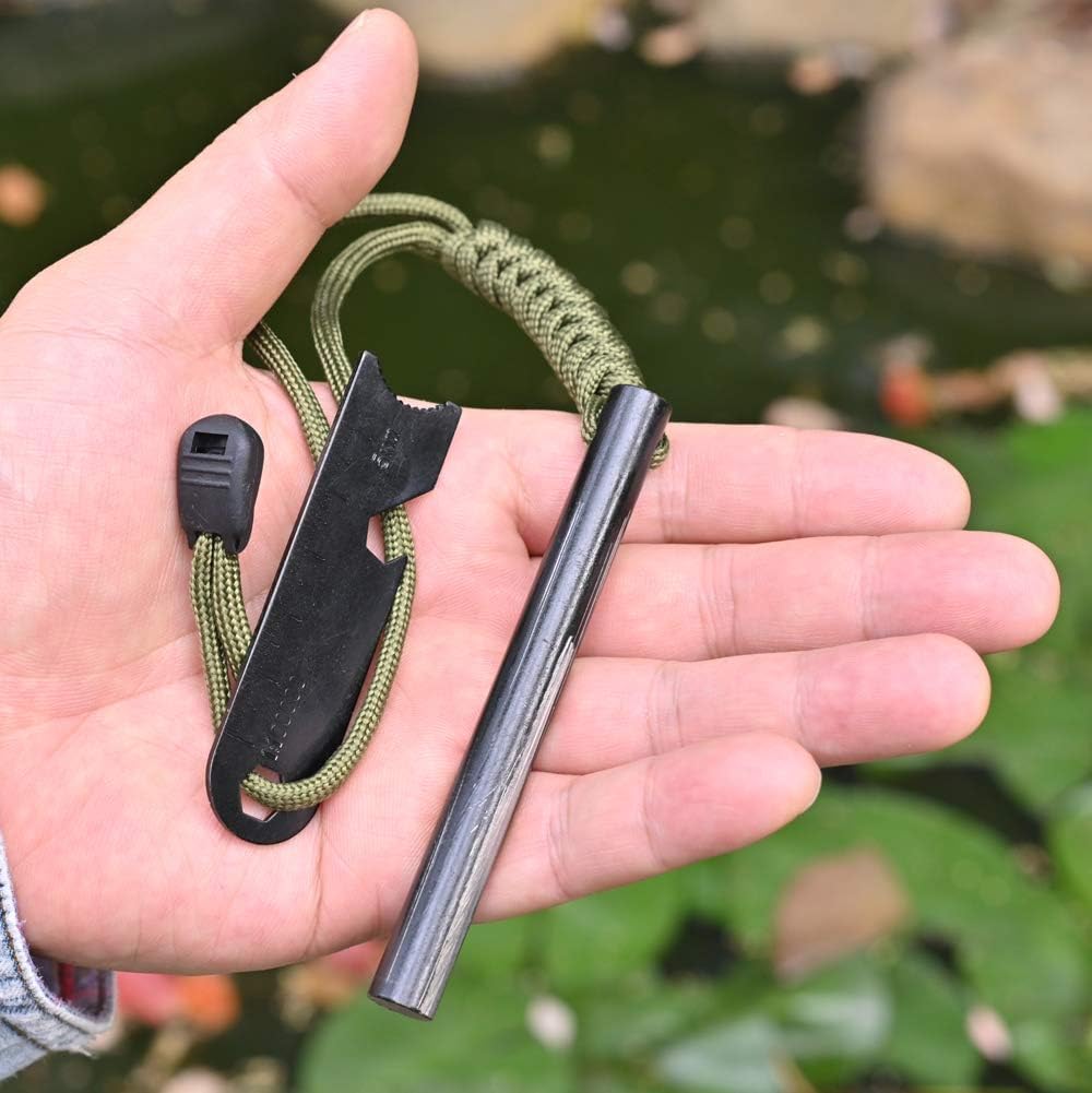 Ferro Rod Outdoor Survival Tire Fire Starter Carabiner Clip Used Bottle Opener, Ruler, Saw