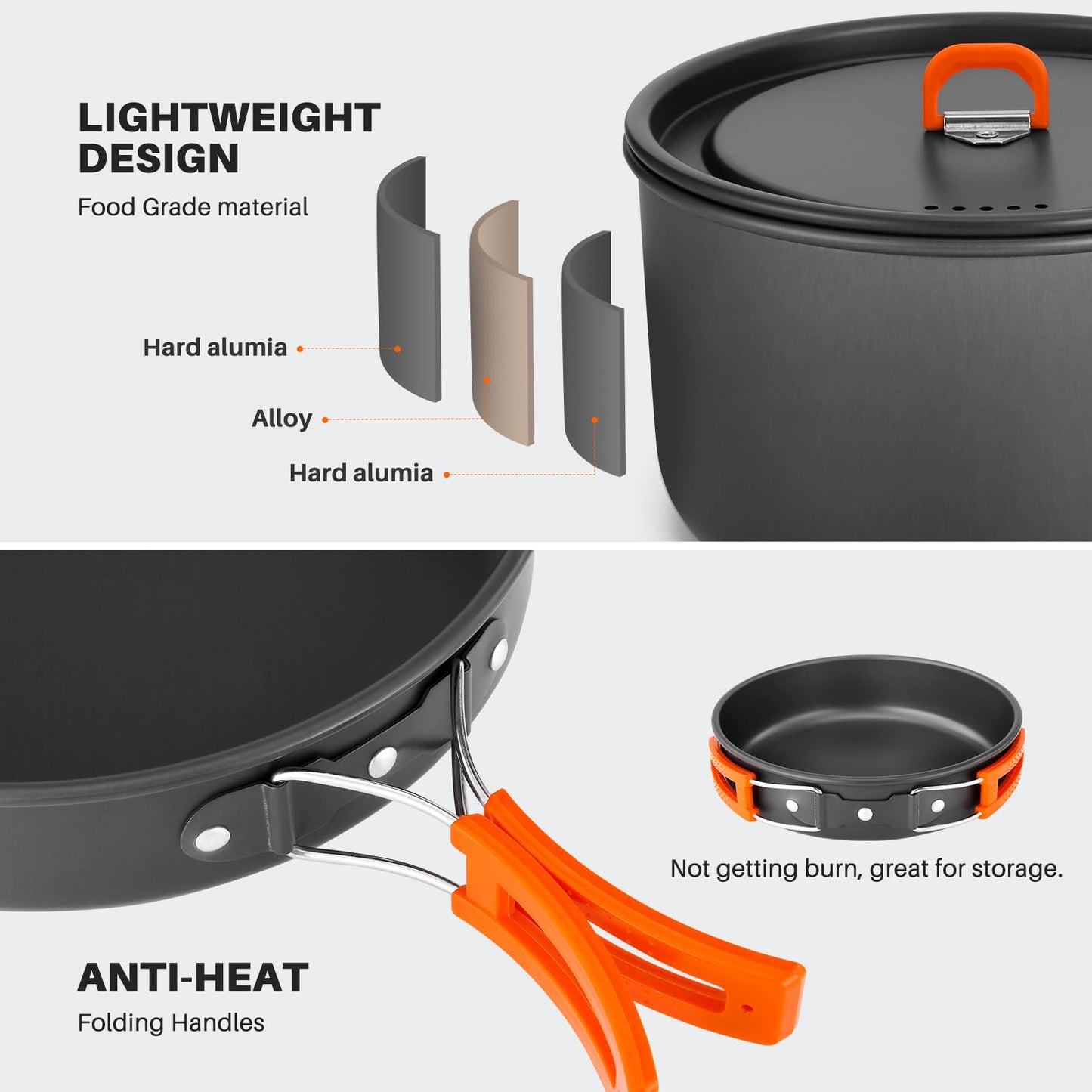 Odoland 15pcs Camping Cookware Non-Stick Lightweight Camping Pots and Pans Set with Kettle Plastic Plates Bowls Soup Spoon for Camping, Backpacking, Outdoor Cooking and Picnic