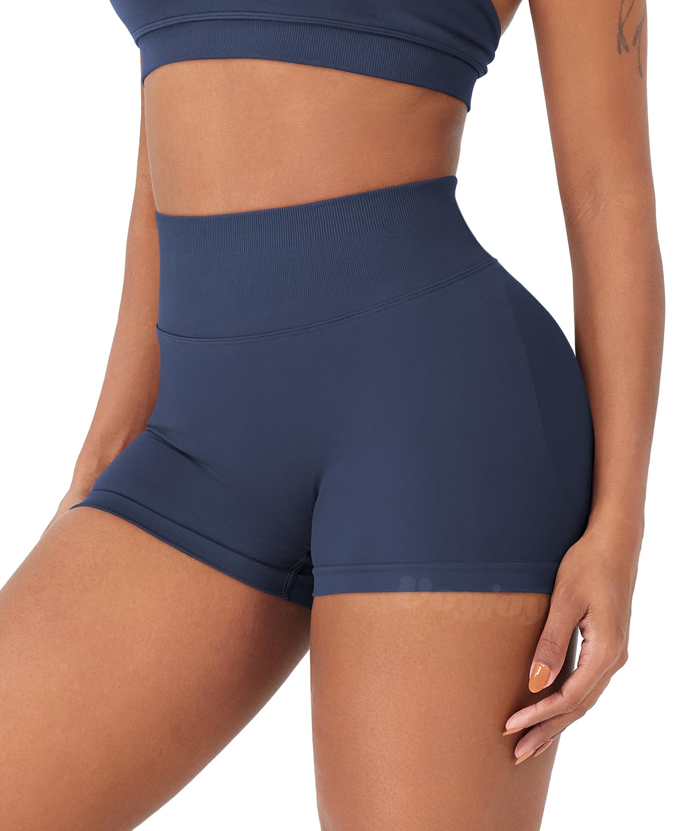 VOYJOY Women Workout Impact Shorts 2.5"/ 3.6"/ 4.5"/ 6" Scrunch Butt Lifting Gym Seamless Booty Biker Shorts Blue Gray