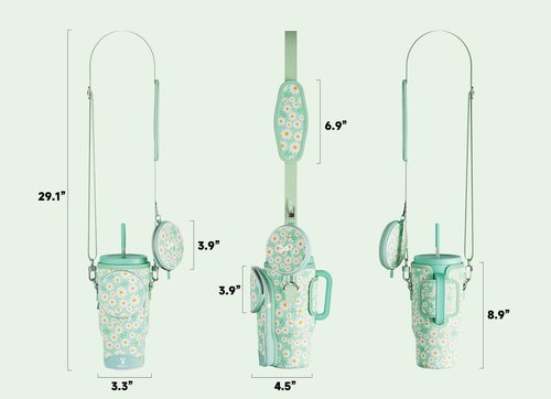 Meoky Water Bottle Carrier Bag with Phone Pocket for 40 oz Tumbler with Handle, Neoprene Water Bottle Holder Pouch with Adjustable Strap, 2 Carabiner Clips (Daisy)