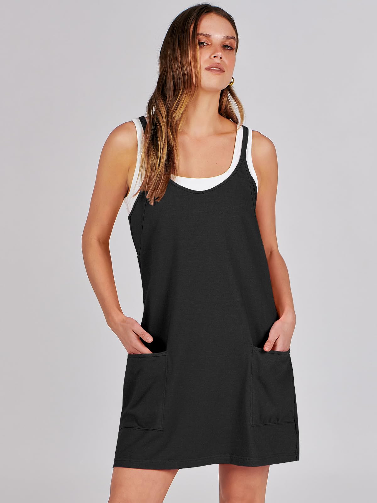 ANRABESS Women Athletic Dress Summer Tennis Workout Active Sports Mini Romper Dress Built in Shorts Travel Vacation Clothes Black XX-Large