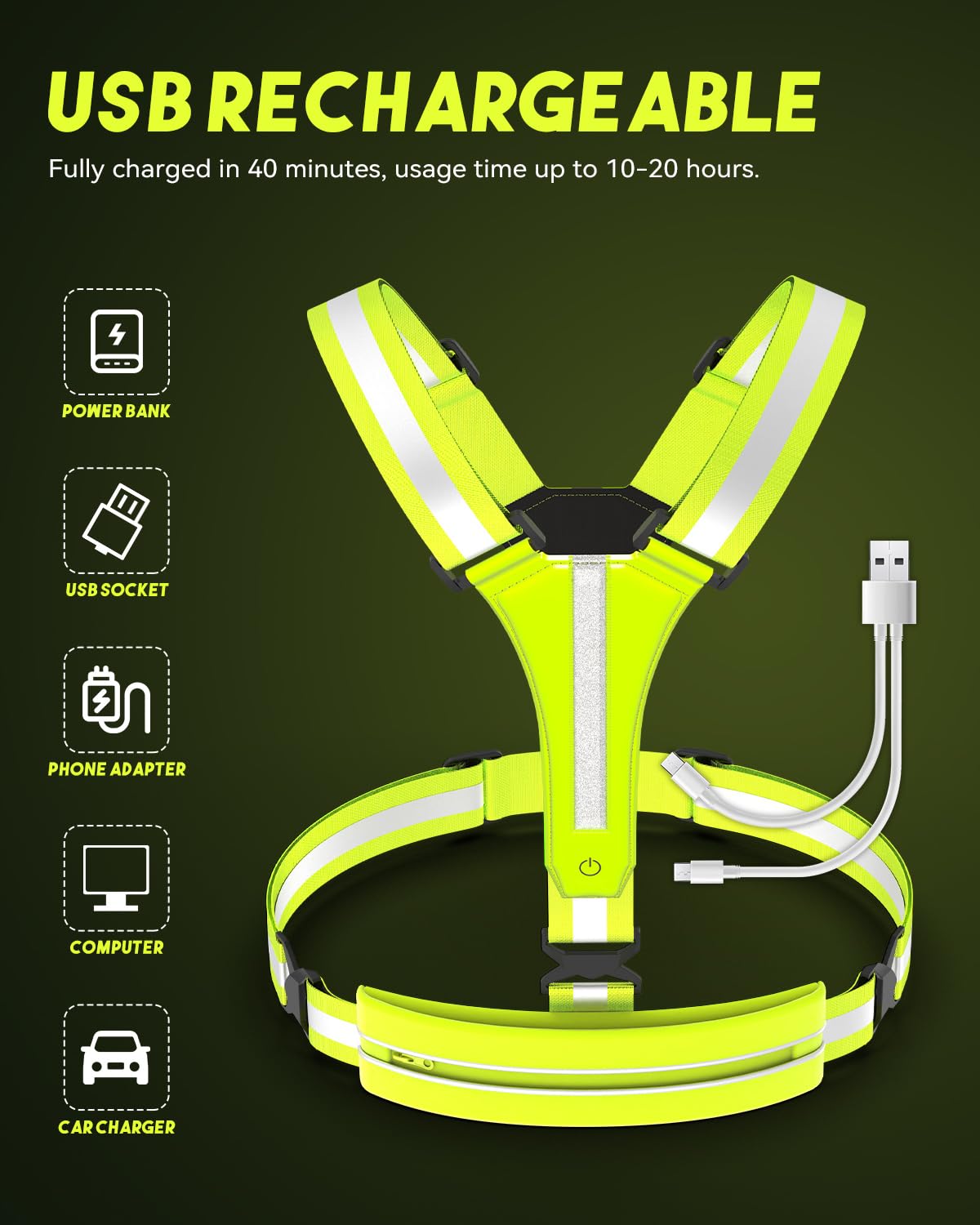 FUNWICT LED Reflective Vest Running Gear 7 Lights Colors Rechargeable High Visibility Safety Vest Reflectors for Walking at Night Reflective Running Vest for Men Women (Neongreen)