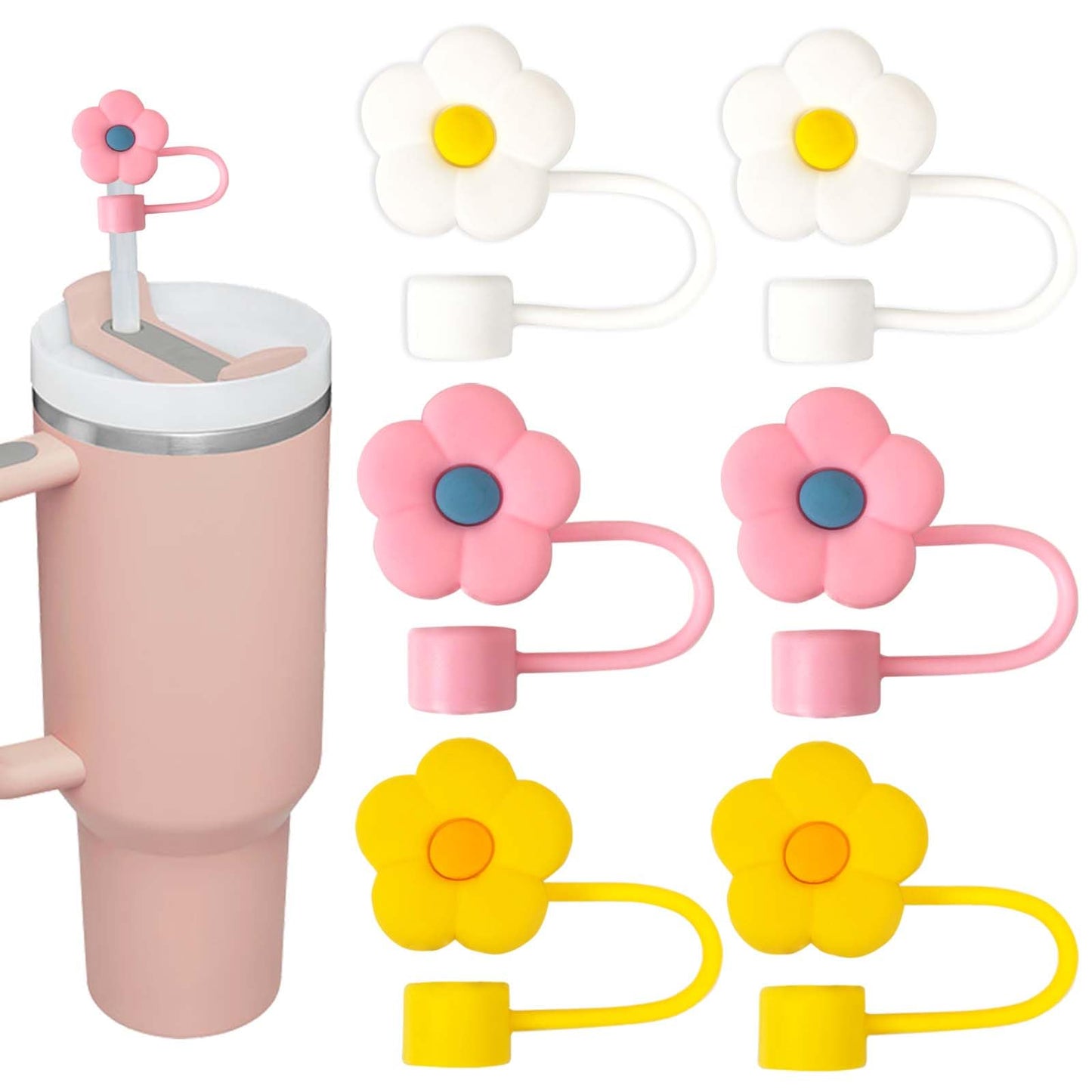 6pcs Flowers Straw Covers Toppers,for Stanley Water Bottles 30&40 Oz,0.4in/10mm Dust-Proof Straw Cap,Cute Silicone Suction Cup Accessories