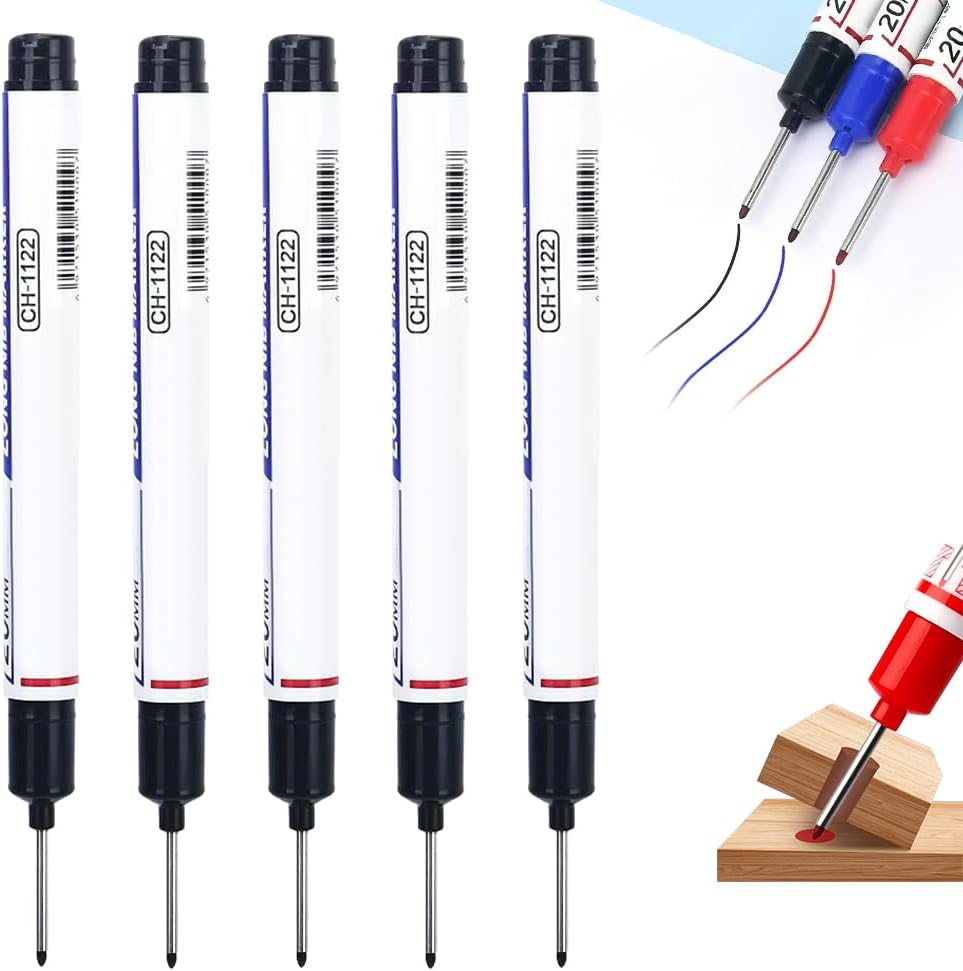 5Pack Long Head Deep Hole Marker Pens, 20mm Deep Reach Metal Marking Pen, Waterproof Quick-Dry Long Nib Marker, Deep Reach Markers Marking Tool for Carpentry & Construction (Mix)