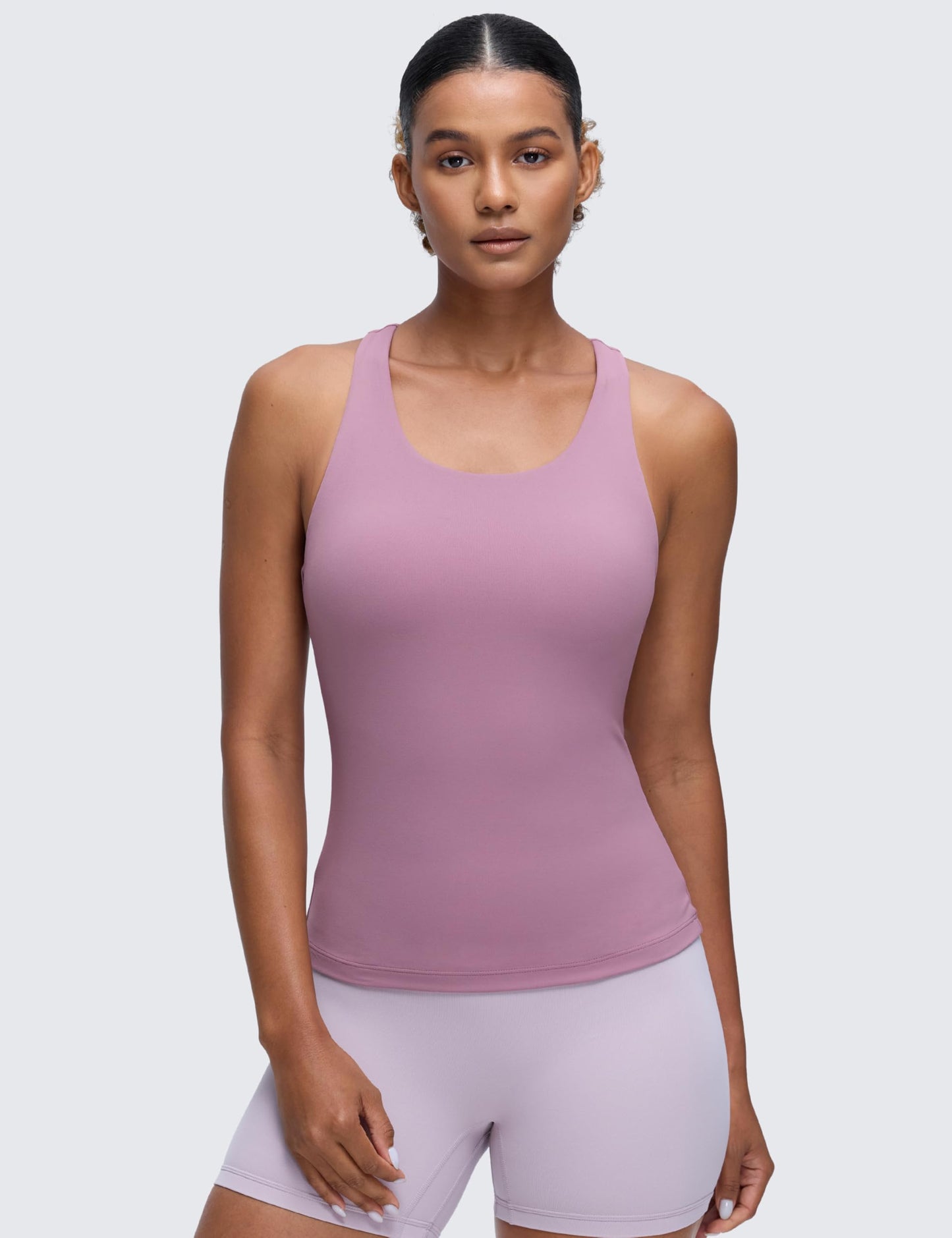 CRZ YOGA Butterluxe Workout Racerback Tank Tops for Women - Padded Athletic Spandex Yoga Shirts with Built in Bra Light Lavender Large