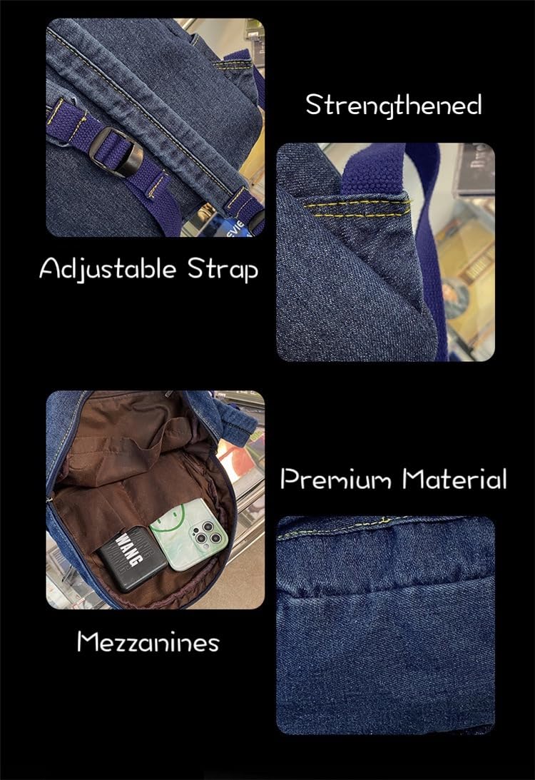 JHTPSLR Small Denim Backpack for Women - Vintage Aesthetic Mini Canvas Daypack (Dark Blue)