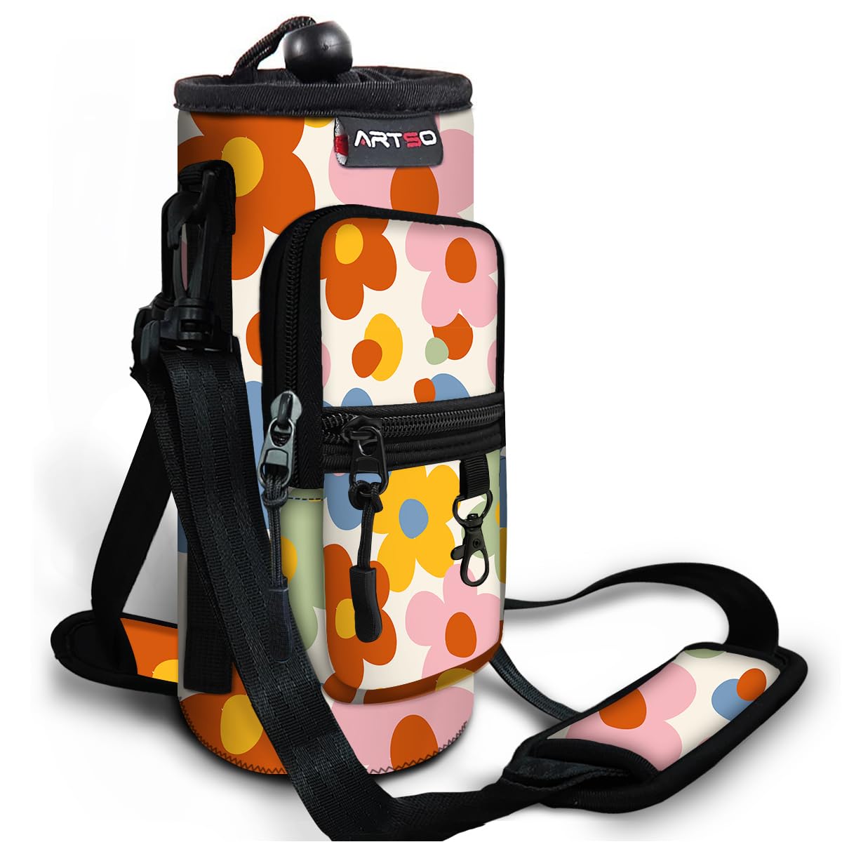 ARTSO Water Bottle Carrier Bag with Phone Pocket, Neoprene Sleeve Water Bottle Holder Sling Bag Pouch with Adjustable Strap 25/32/40/64 oz for Walking Hiking Camping Gym(25oz, Colorful Flowers)