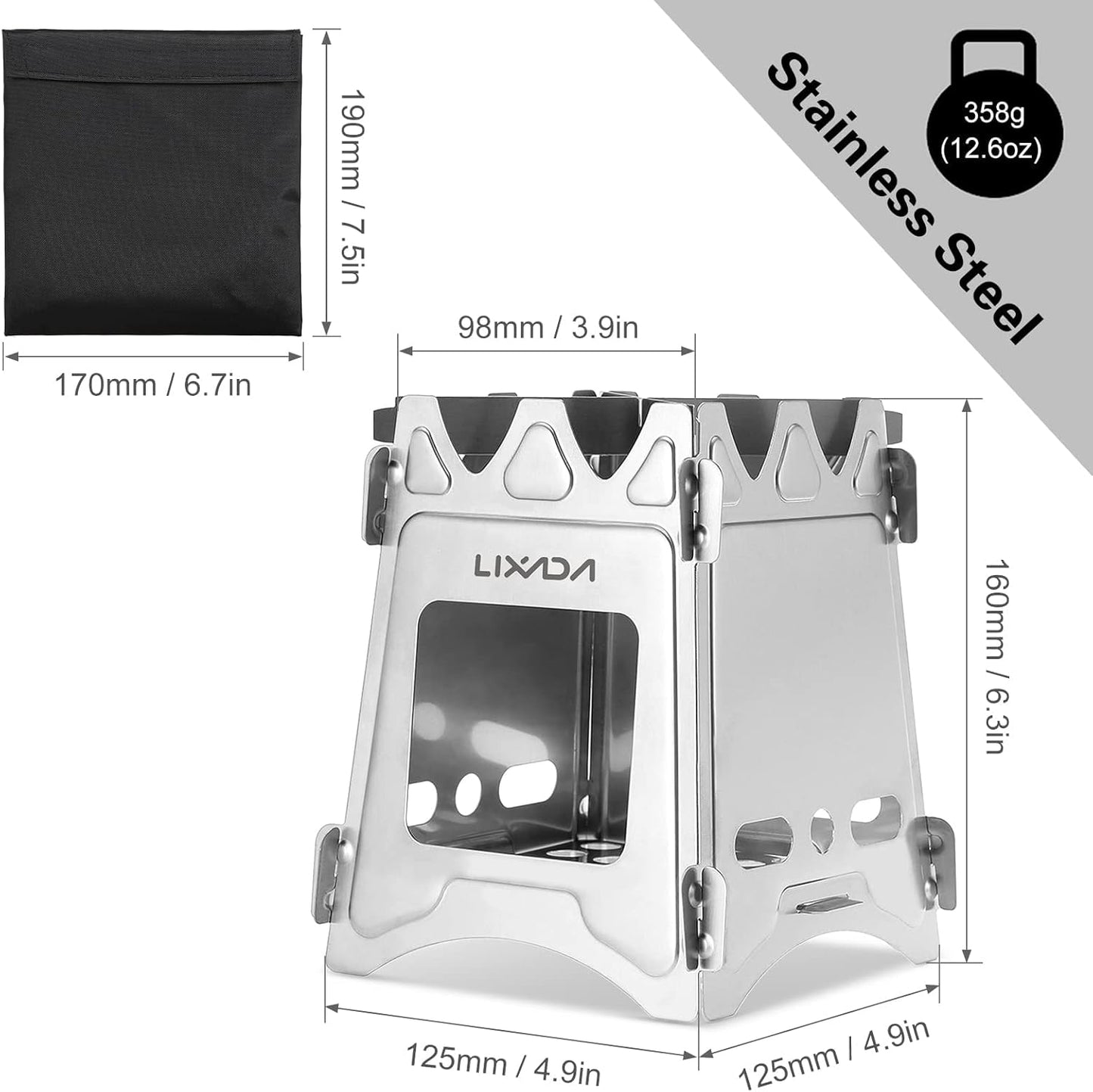 Lixada Camping Wood Stove Folding Lightweight Stainless Steel Wood Burning Stoves Portable Backpacking Stove for Outdoor Camping Hiking Backpacking Picnic Hunting BBQ
