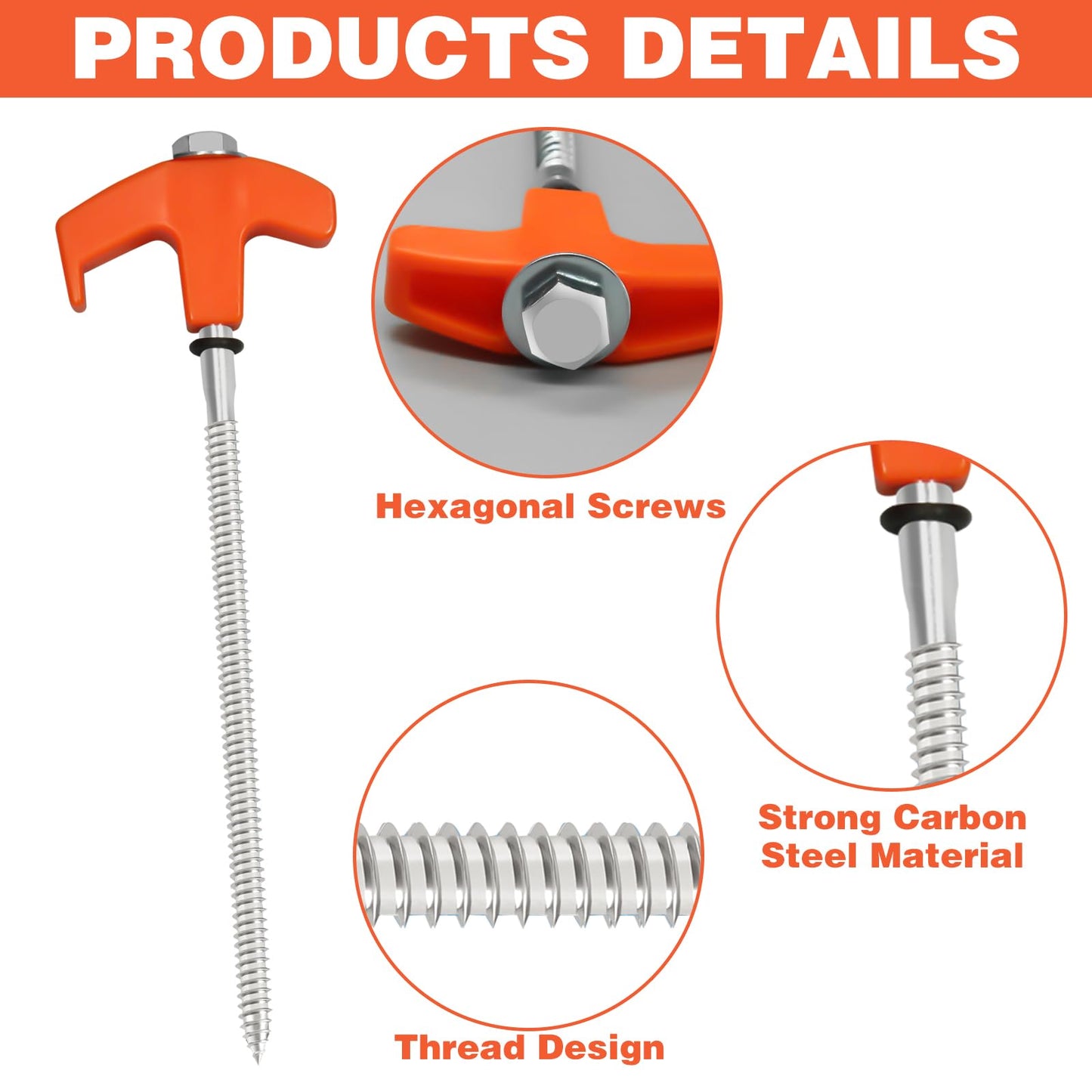 4Pcs Screw in Tent Stakes Heavy Duty, 8" Ground Stakes Ground Anchors Screw in, Metal Screw Tent Stakes Heavy Duty Tent Pegs, Ground Threaded Tent Spikes for Outdoor Camping (Orange)