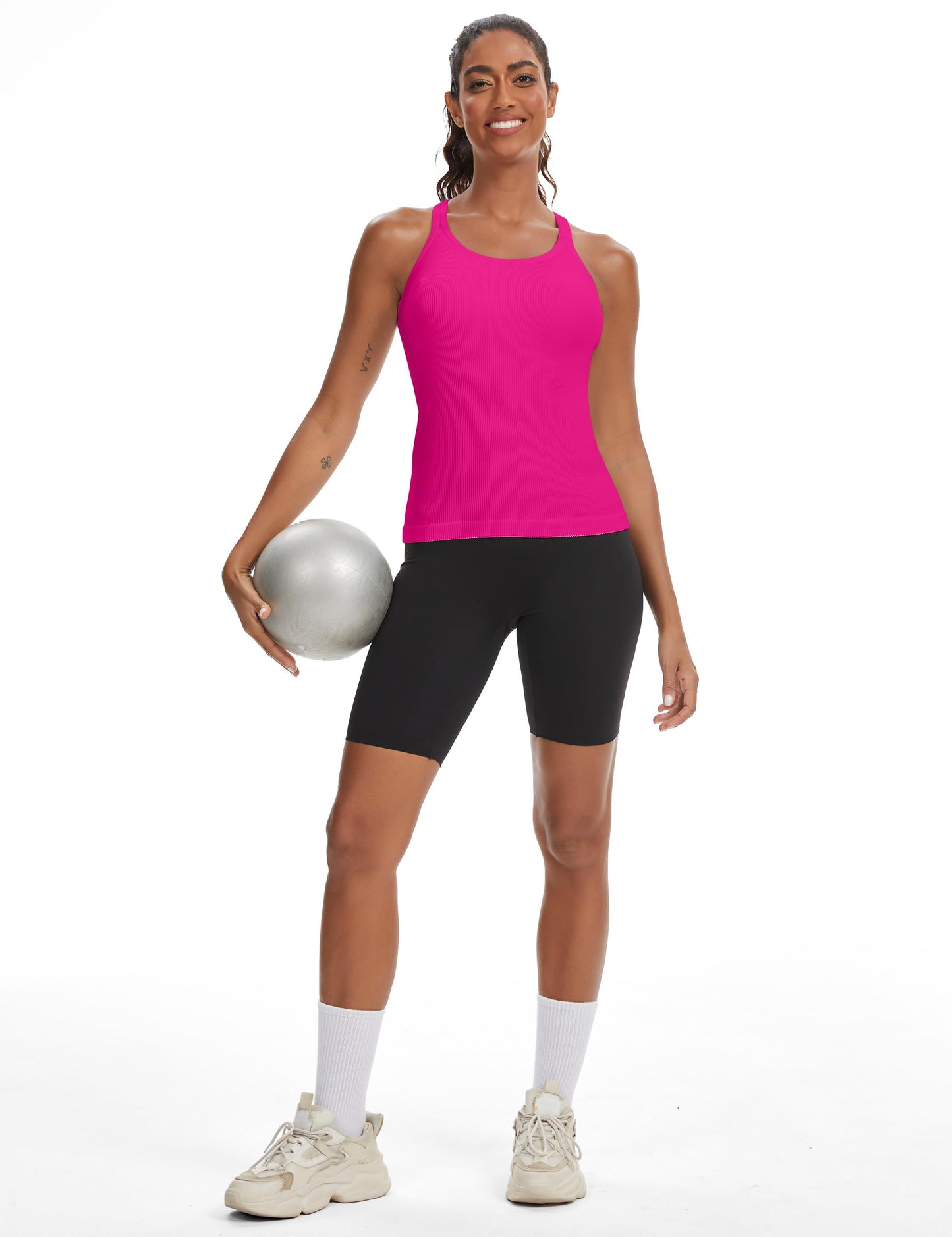 MathCat Seamless Workout Tank Tops for Women with Built in Bra, Ribbed Racerback Athletic Yoga Camisole Deep Pink