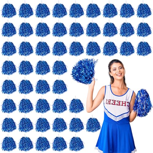 Blue Metallic Cheerleader Pom Poms with Baton Handle - 100PCS Sports & Dance