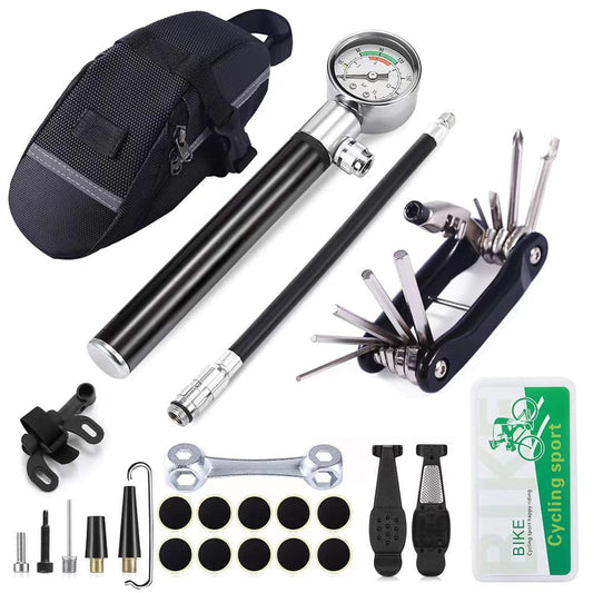 YBEKI Bike Tyre Repair Tool Kit - Bicycle Tool kit with 210 Psi Mini Pump 10-in-1 Multi-Tool with Chain Breaker, Tyre Levers &Tire Patch, Bone Wrench, 1 Portable Bag. 6 Month Warranty