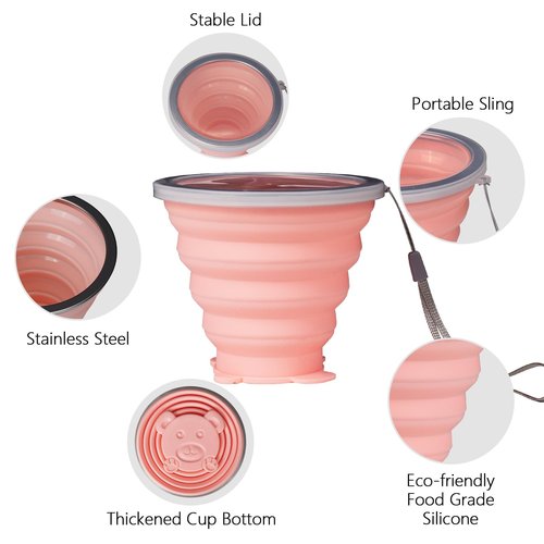 O-CONN 2 Pack Collapsible Cup, Silicone Collapsible Travel Cup, Silicone Folding Camping Cup with Lids Expandable, Drinking Cup for Outdoor Hiking Travel, Outdoor Sports- Portable, Graduated