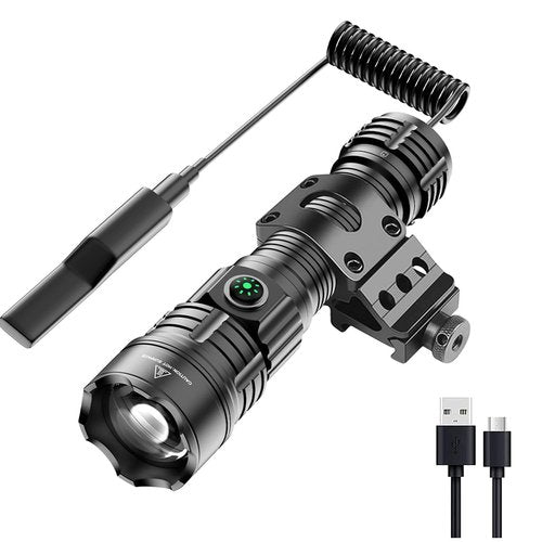 WINDFIRE Picatinny Tactical Flashlight Rechargeable LED Weapon Lights Super Bright 3 Modes 250 Yards Long Range Flashlights Rifle Light with Rail Mount, Remote Pressure Switch