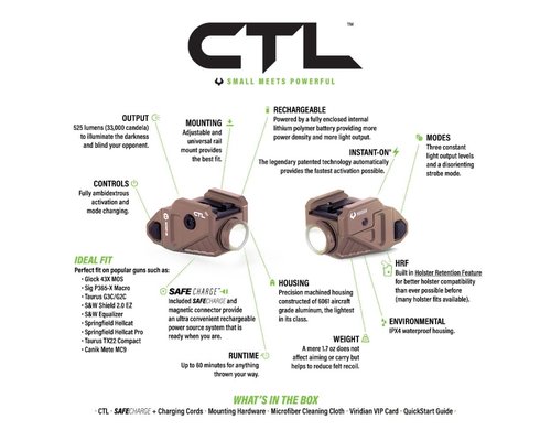 Viridian New CTL FDE Pistol Light, 525 Lumen, Universal Rail Mounted Tactical Weapon Flashlight, Rechargable, Instant-On, FDE