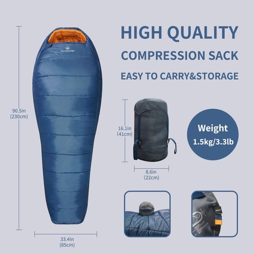 Mountainlodge 3-4 Seasons Blue Shingle Sleeping Bag 15℉ with Inner Pocket for Adult,Perfect for Backpacking,Traveling and Hiking,Including Free Compression Stuff Sack. (Right)