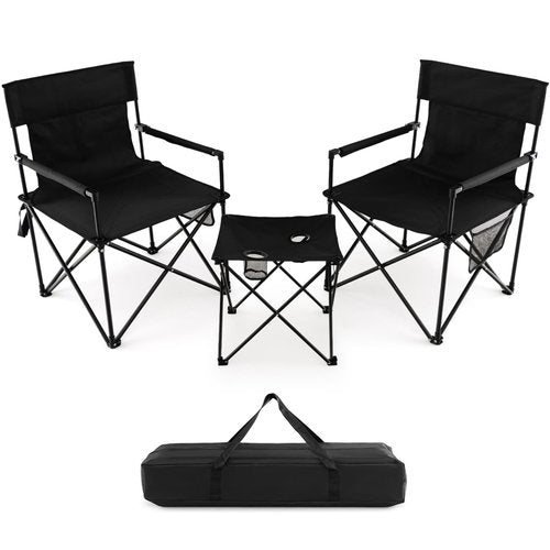 Tangkula 3 Piece Camping Chairs with Table, Portable Folding Lawn Chair with Side Table, Carrying Bag, Side Storage Pocket, 2 Cup Holders, Outdoor Beach Chair Set for Backpacking Travel Camp