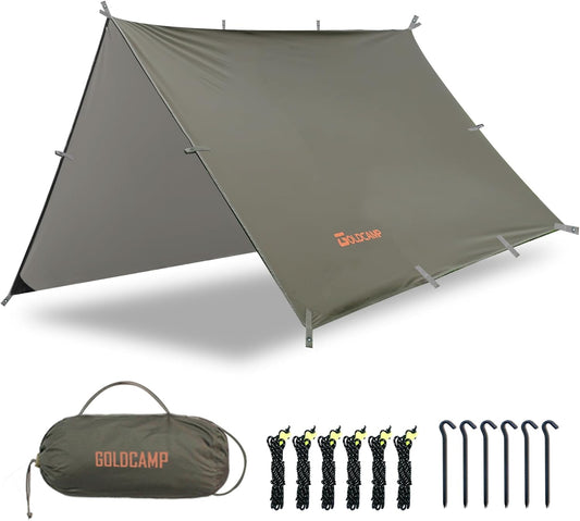 GOLDCAMP Waterproof Camping Tarp，70D Nylon 10X10FT Hammock Rain Fly ，UV 50+ and PU15000mm Tent Tarp Shelter Canopy，Heavy Duty Multifunctional Sun Shade or Rain Fly Essentials for Hiking Backpacking