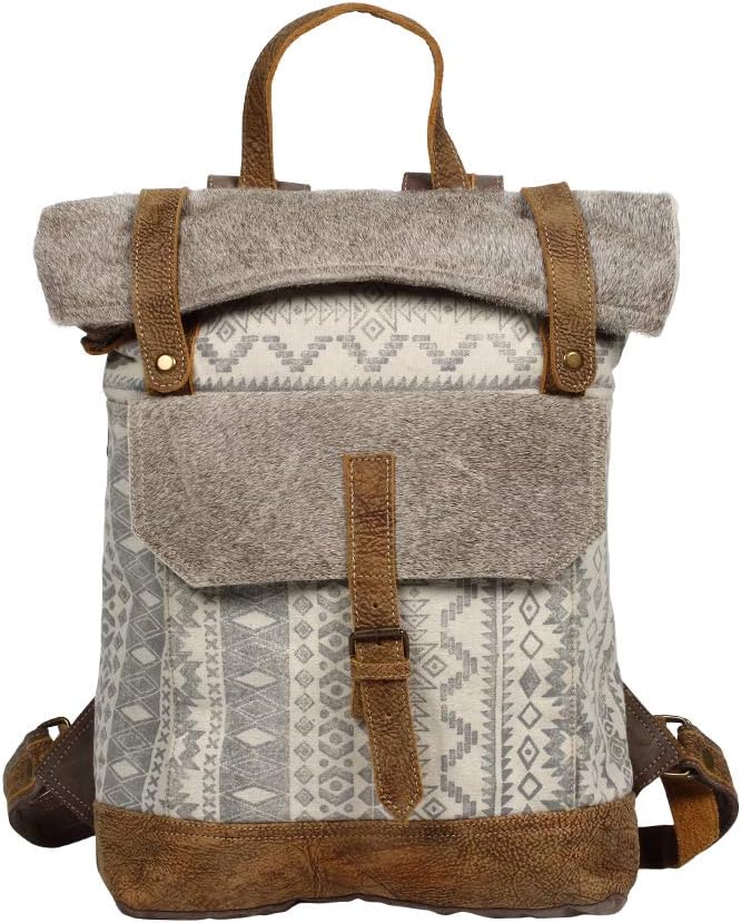 Myra Bag Classy Leather & Upcycled Canvas Backpack S-1237, 13.5" W x 19" H x 4.5" D, Ivory, Brown