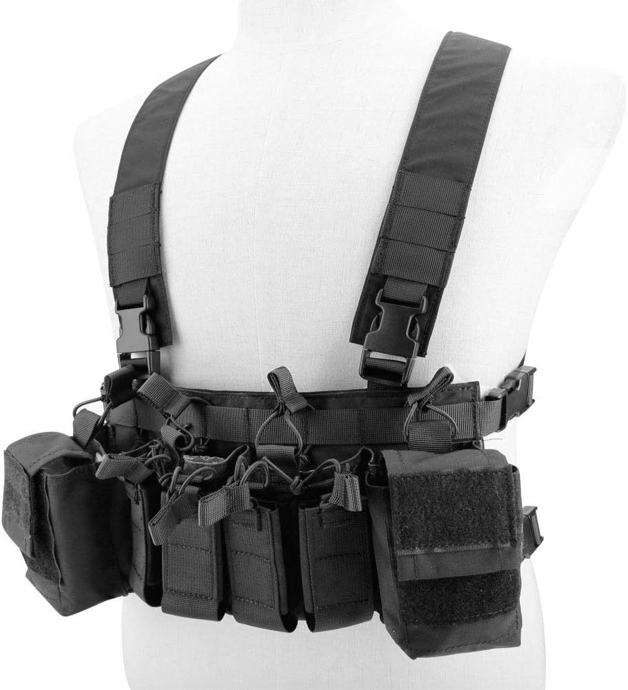 Tactical Chest Vest Rig Adjustable X Harness with 5.56 9mm Rifle Mag Pouches for Airsoft Shooting Wargame Paintball