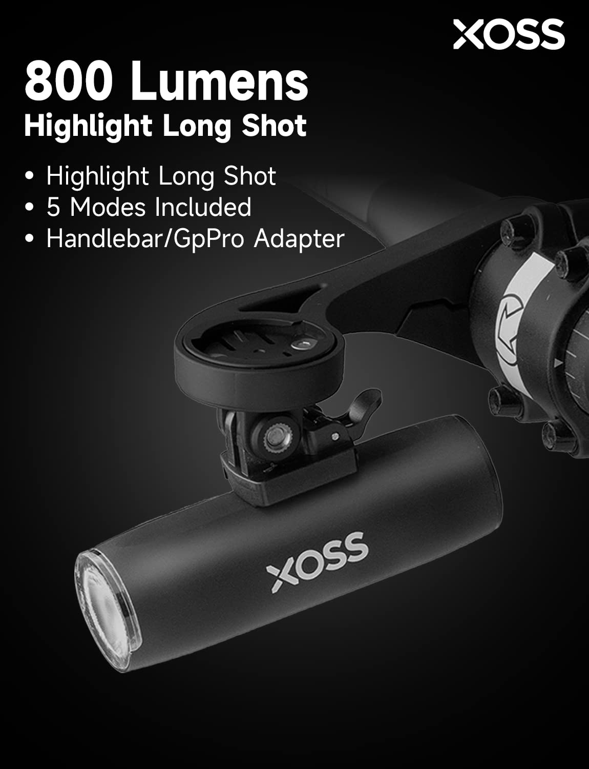 XOSS XL-800 Bike Headlight, 800 Lumens USB-C Rechargeable Bicycle Lights for Night Riding, Waterproof LED Road Bike Light with 5 Modes, Front Light Easy to Install