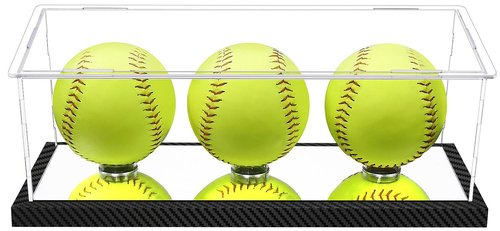 Softball Display Case for 3 Pack in one, Arcylic Softball Holder Stand UV Protected Clear Display Cube for Softball Baseball Tennis Ball Sports Ball Storage with Carbon Fiber Skin Base and Mirror Base