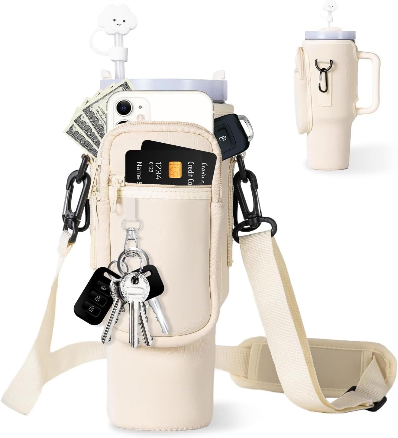 AFIAFTY Water Bottle Holder with Strap, Stanley Bag/Stanley Cup Holder with Strap for Stanley Quencher H2.0 40 oz, Tumbler Accessories with Coal Ball Pendant & Carabiner, Stanley Cup Accessories