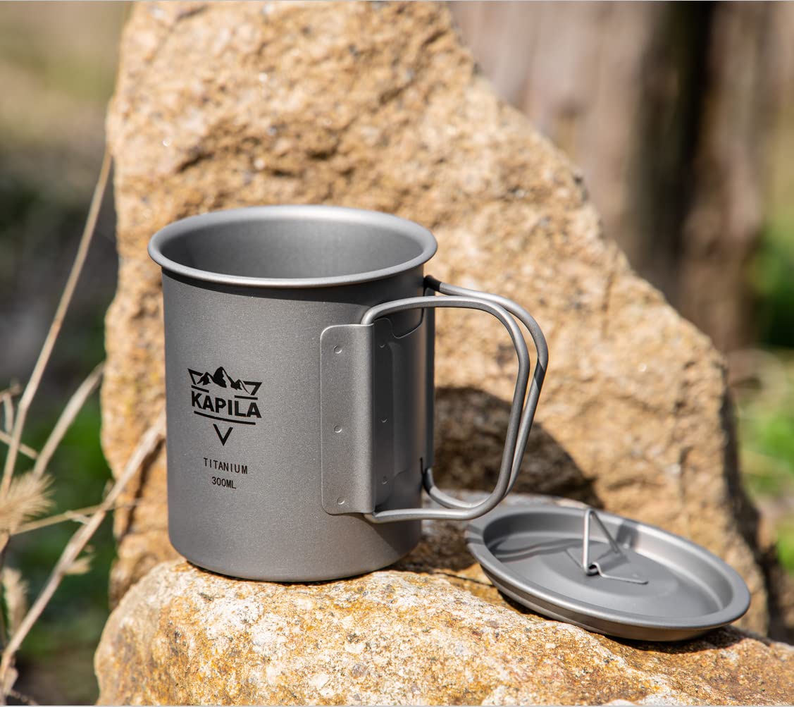 KAPILA 300ml -750ml Titanium Cup/Pot Lightweight Backpacking Camping Mug Foldable Handle Titanium Pot with Lid Camping Hiking Picnic Open Fire Cooking (300ML)