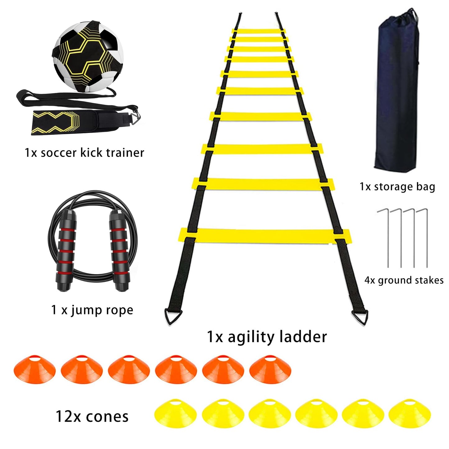 AOPUETRX 20FT Agility Soccer Ladder Training Equipment Set Football Gifts for Boys 8-14 with 12 Cones, Solo Trainer & Jump Rope, Suitable for Home Gym and Playground