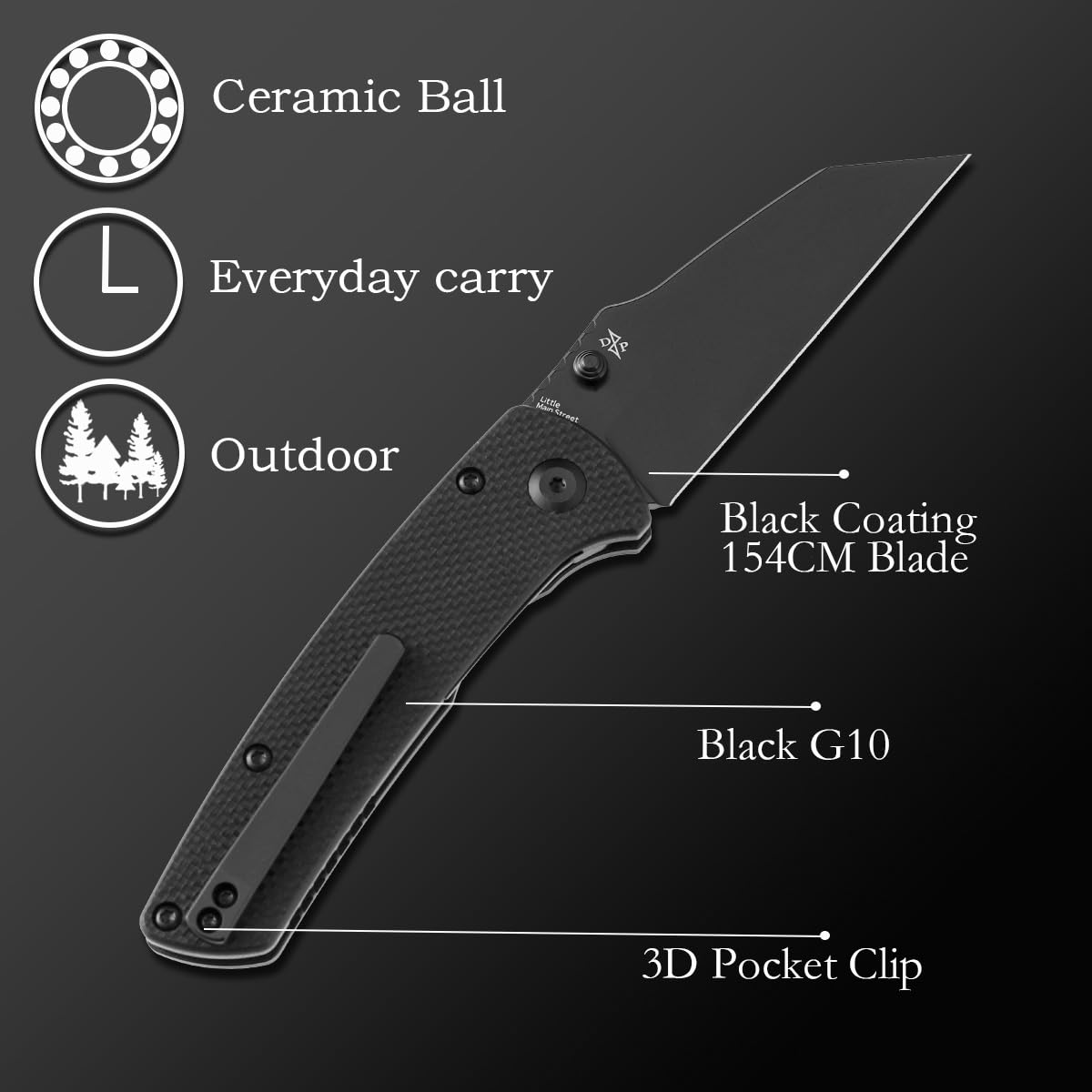 KANSEPT Main Street 7.92in Folding Pocket Knives with 3.36in Stonewashed 154CM Wharncliffe Blade and Black G10 Handle for Outdoor, Tactical, Survival, Folding Knife Camping Hunting T1015B4