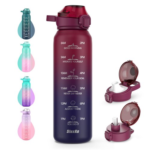 SLUXKE Insulated Water Bottle 32oz with 2Lids(Straw Lid & Spout Lid), 1L Double Walled Water Bottle with Time Marker, 1000ml Stainless Steel Metal Flask for Fitness, Gym and Outdoor RED BLACK