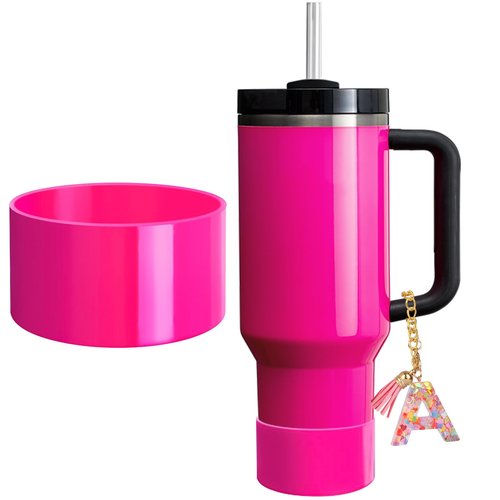 Neon Matte Luster Protective Silicone Boot with Letter Charm for Stanley/Simple Modern cup 20-40oz, Anti-Slip Sleeve Cover for More Tumblers and Water Bottles with 2.8-2.95in Base (Electric pink-M)