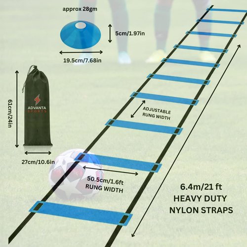 DELUXE EDITION Agility Ladder Training Set - 13 Rung 21ft Agility Ladder w/13 Disc Cones, Carry Bag - Improve Speed & Strength Soccer, Football, Basketball w/4 Steel Pegs with eGuide Chart