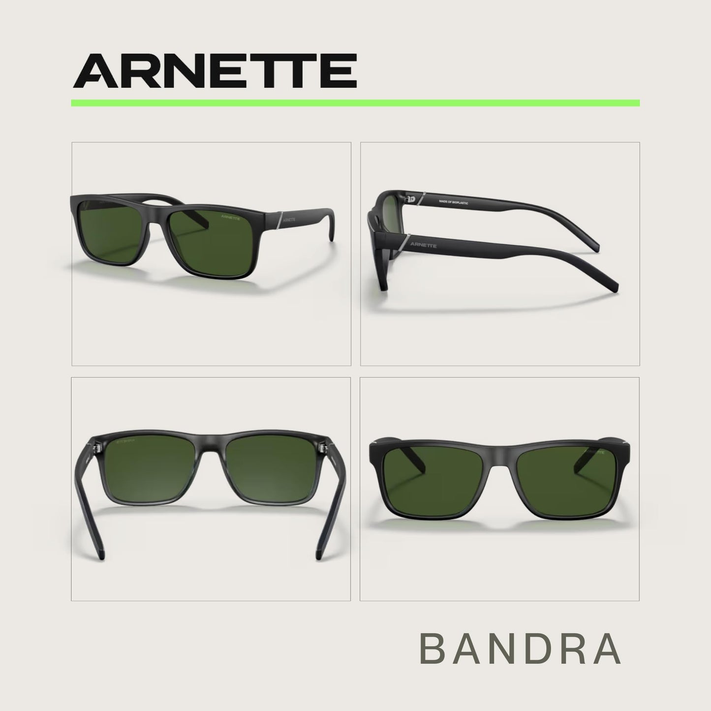 ARNETTE Bandra AN4298 275871 55MM Matte Black/Dark Green Square Sunglasses for Men +BUNDLE with ACCESSORY EYEWEAR KIT