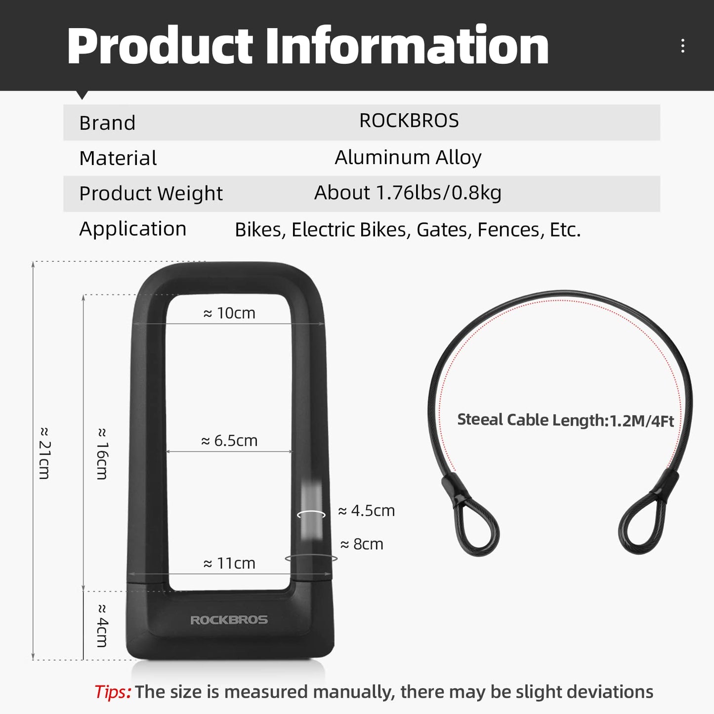 ROCKBROS Heavy Duty Anti Theft Bike U Lock with Cable Silicone Cover (Max 22.5MM + Mounting Bracket)