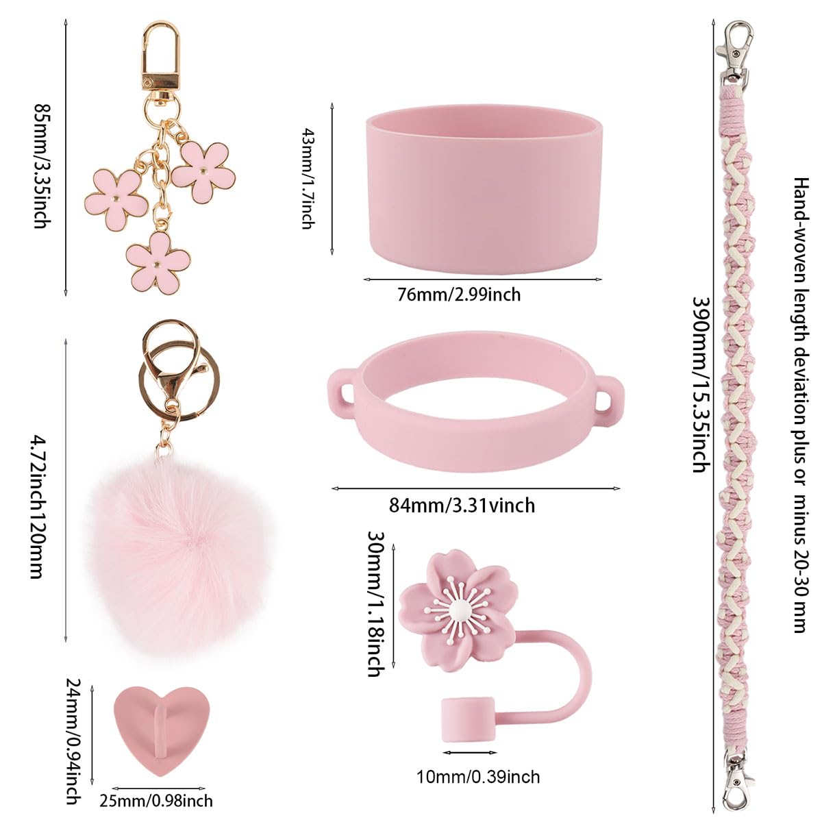 AAUP Cup Accessories Set, Includes Water Bottle Holder,Straw Cover,Silicone Boot,Pompom Ball,Daisy key-chain, Compatible with Stanley Cup16oz 24oz and 40oz (Flower pink)