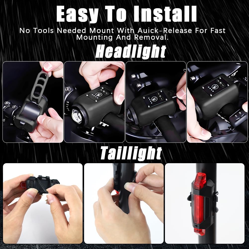 Abnaok Bike Light with Horn，USB Rechargeable Bike Light Set 120dB Powerful Bicycle Front Headlight and Back Taillight, 4 Light Modes, 6 Sound Modes，Easy to Install for Road Mountain Cycling