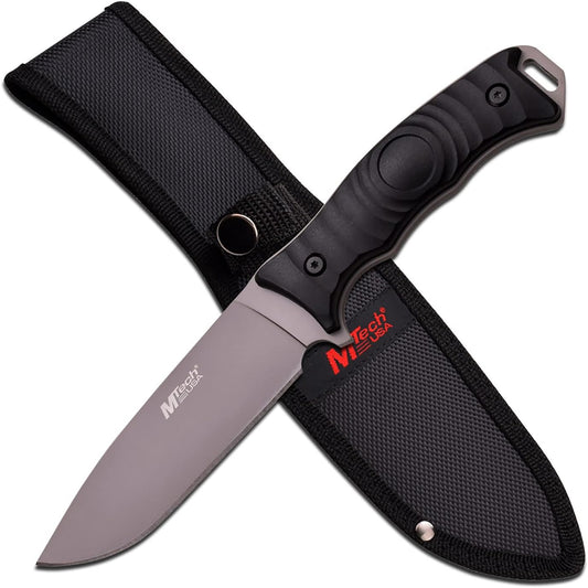 MTech USA – Fixed Blade Knife – Grey TiNite Coated Stainless Steel Blade with Black Nylon Fiber Handle, Full Tang, Includes Black Nylon Sheath - Hunting, Camping, Survival, Tactical, EDC – MT-20-70C