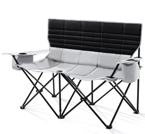 Double Camping Chair for Adults Folding Loveseat 2 Person Camping Couch with Cooler Bag Heavy Duty Oversized Lawn Chair Support 550 lbs for Outdoor Sports Fishing Beach Travel, Picnic, Gray
