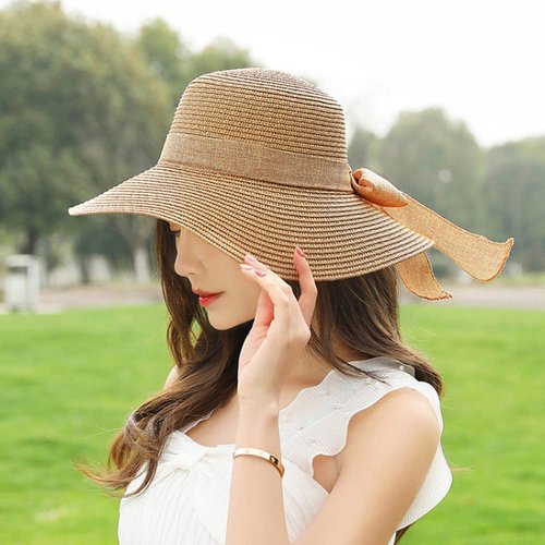 Women Floppy Sun Hat with Wide Brim, Foldable Roll-Up Straw Beach Hat Summer Hat for Travel (Khaki)