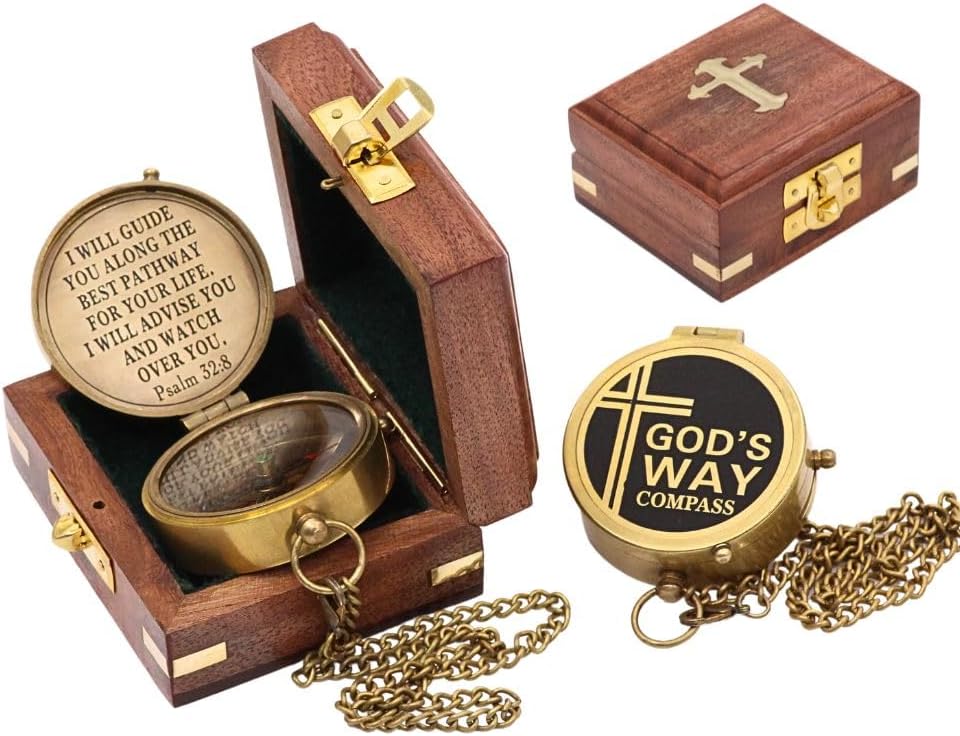 God’s Way Compass, Psalm 32:8, Solid Brass Directional Engraved Compass, Baptism Gifts for Boys Girls, First Communion, Christian Gifts for Men, First Confirmation Gifts for Boys Catholic Gifts