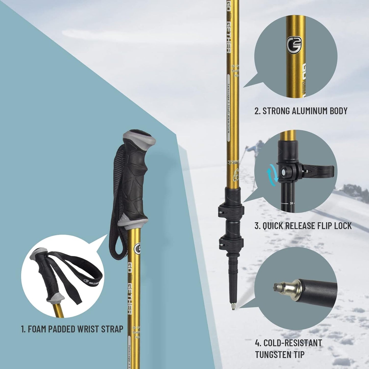 Aluminum Trekking Poles - Quick Adjustable Locks, Comfort Handle, Padded Strap, Snow Baskets - Walking Sticks Suitable for Hiking, Walking
