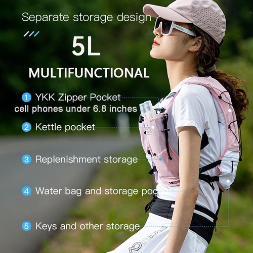 AWKSPORTS 5L Running Hydration Vest Backpack for Men Women, Adjustable & Lightweight, Front & Back Pockets for Essential Storage (Pink)