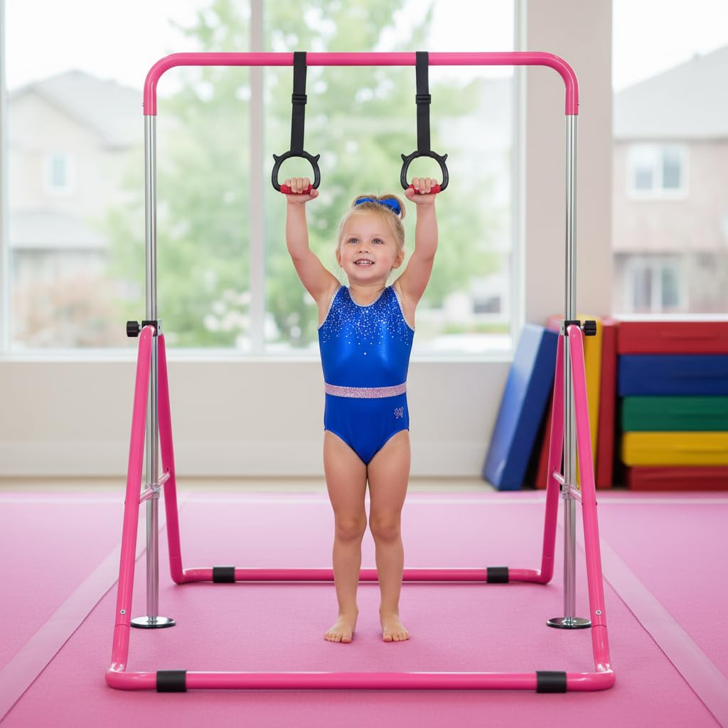 Bighaki808 Gymnastics Bars Kids Training Bars for Home, Folding Horizontal Bars with Adjustable Height Expandable Gymnastics Equipment Junior Kip Bar for Girls & Boys (Pink)