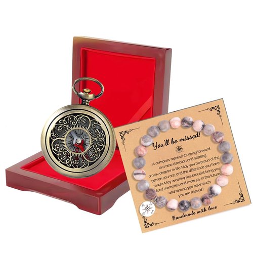 Emplyee Leaving Gifts Engraved Compass with Wooden Box and Cross Bracelet, Gift Set, Departing Colleague Leaving Gifts