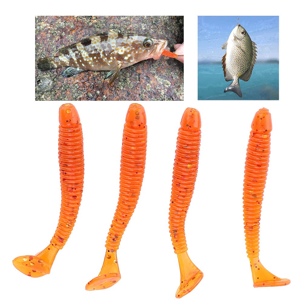 50PCS Fishing Lures Kit, 2in Plastic Fishing Soft Lures T Tail Grub Worm Baits Fishing Swimbaits Fishing Fish Tackle Accessories (Orange)