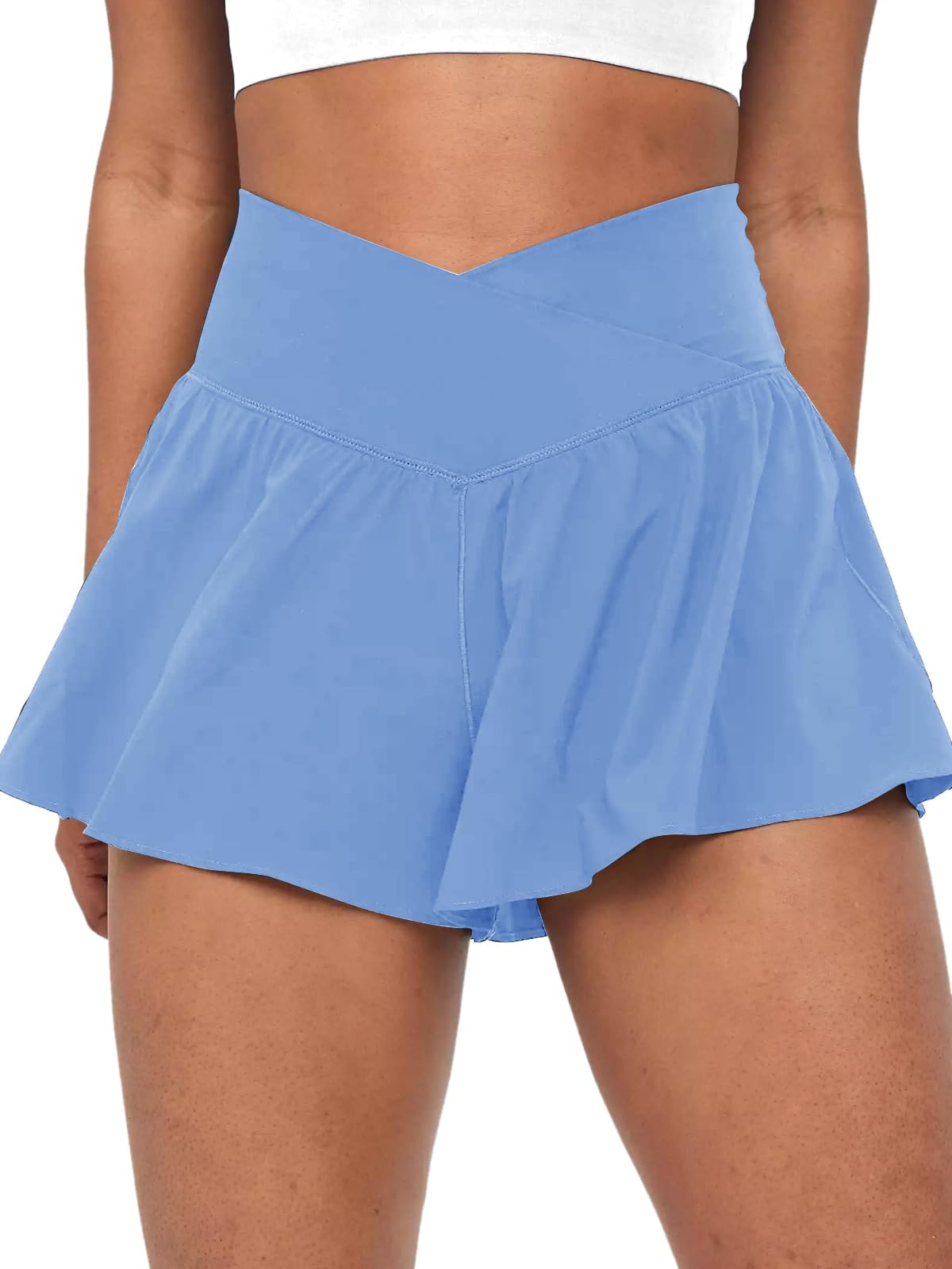 COPYLEAF Crossover Flowy Shorts for Women 2 in 1 Athletic Butterfly Running Shorts Tennis Gym Workout Skort with Pocket (Sky Blue M)