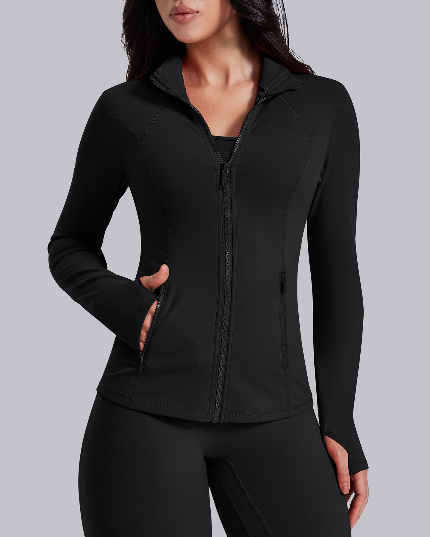 AVGO Womens Workout Jackets Lightweight Athletic Zip Up Jacket Slim Fit Running Gym Top with Pockets & Thumb Holes(Black, S)