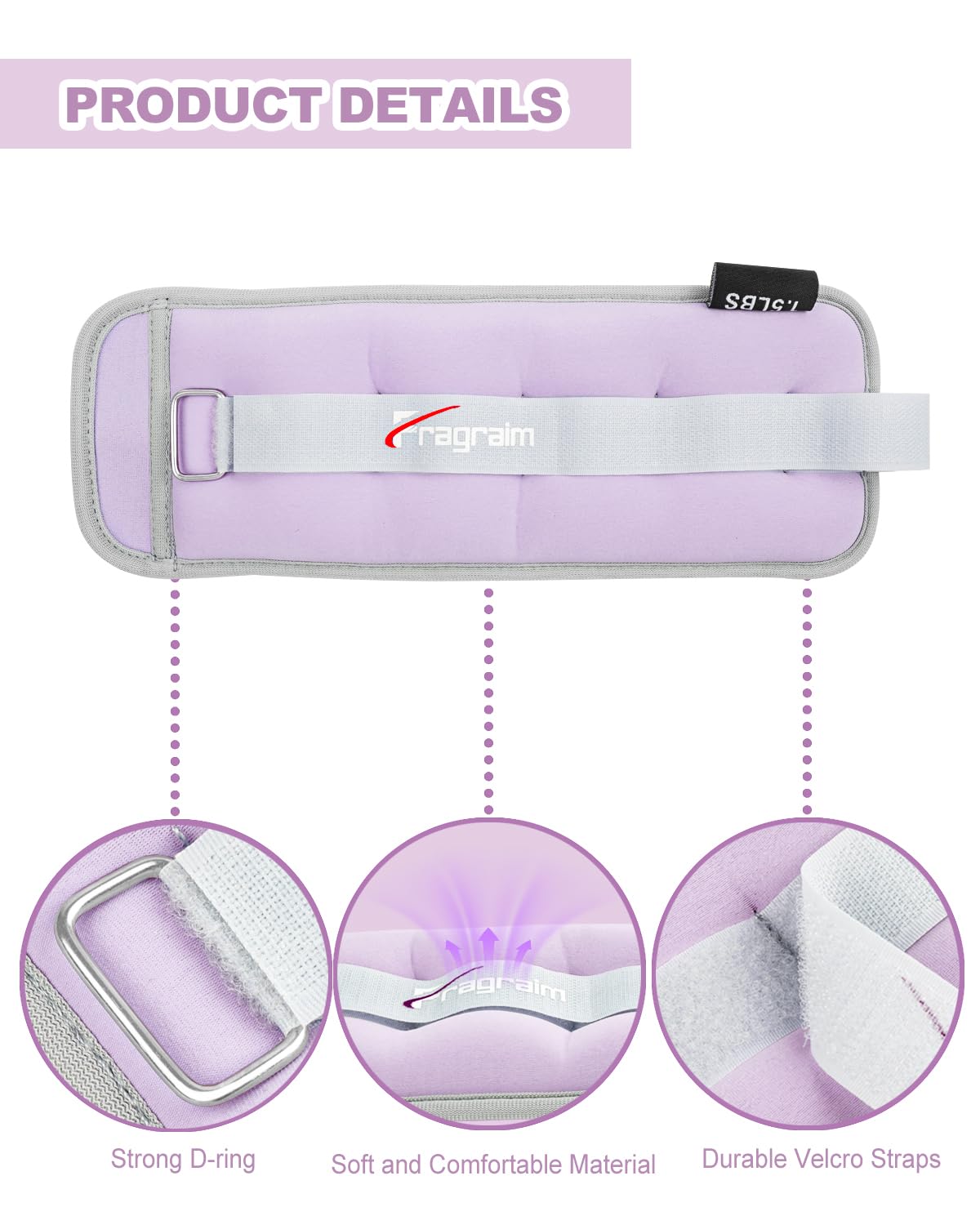 Fragraim Ankle Weights for Women Men Kids 1.5lbs x 2 Leg Arm Wrist Weights with Adjustable Strap for Running, Walking, Pilates, Gymnastics, Aerobics- Purple